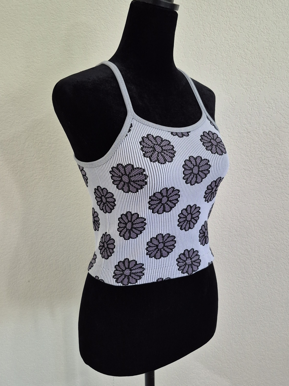 Striped Daisy Ribbed Tank Top in White and Black - Picture 2 of 8